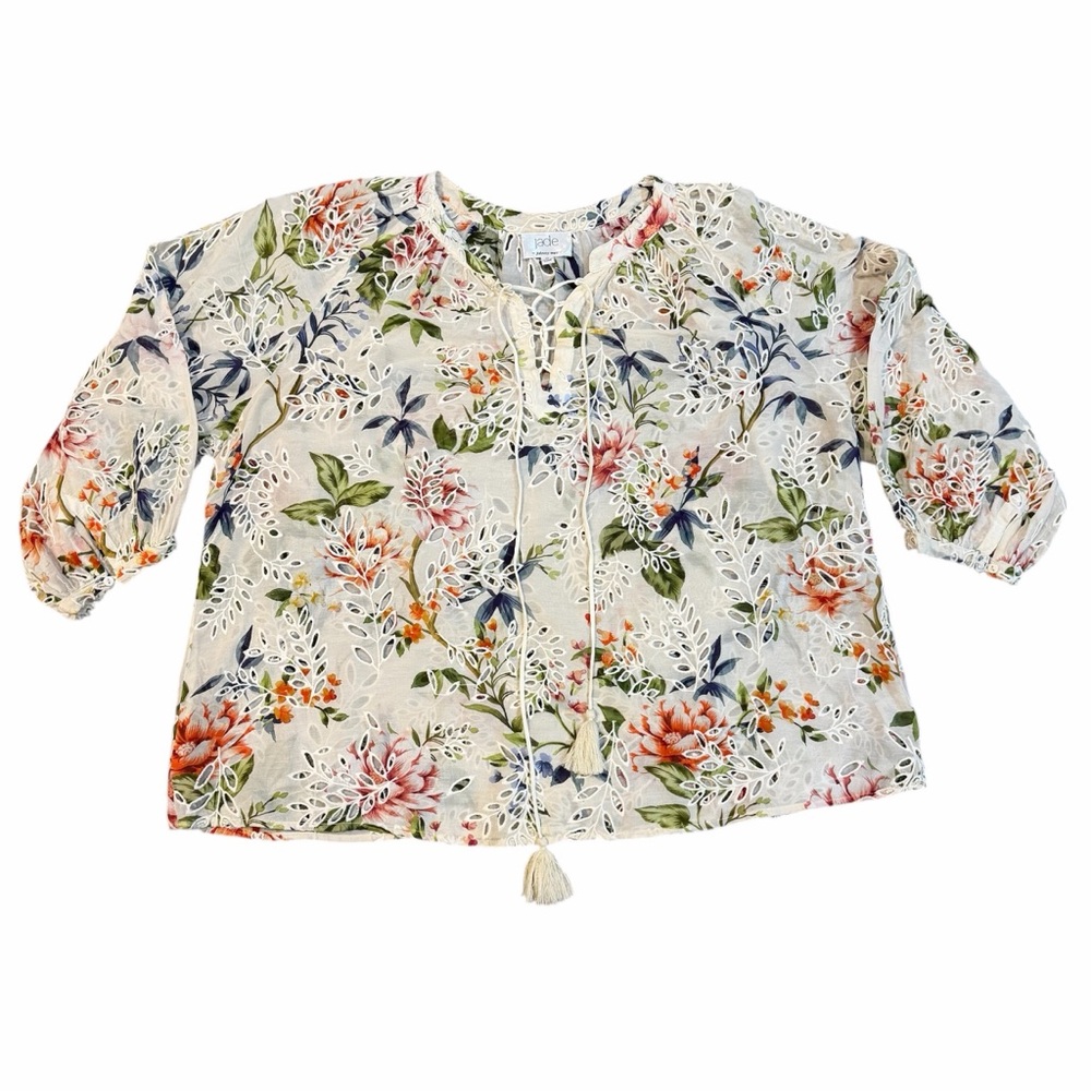 Jade – Johnny Was Floral Embroidered Eyelet Cotton & Silk‎  Blouse XL